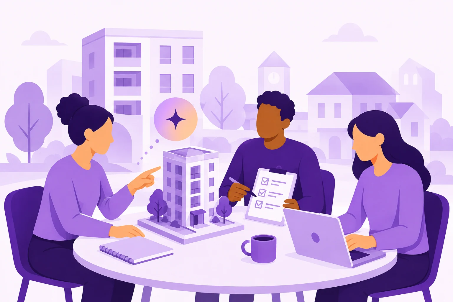 Conceptual illustration of a team collaborating on better community operations.