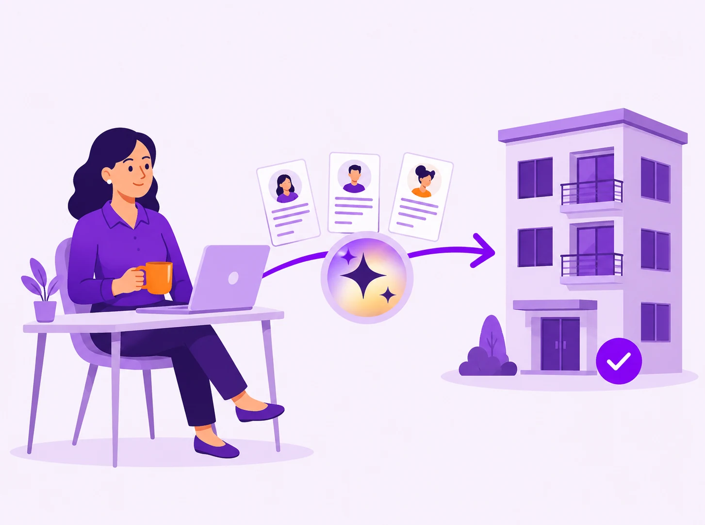 A community manager taking a coffee break while the TapHero AI moves resident records into an organized condominium.