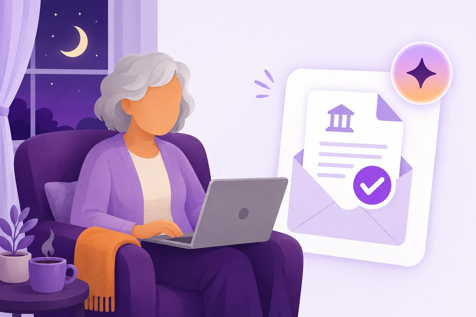 Illustration of an older resident receiving community bylaws by email late at night.