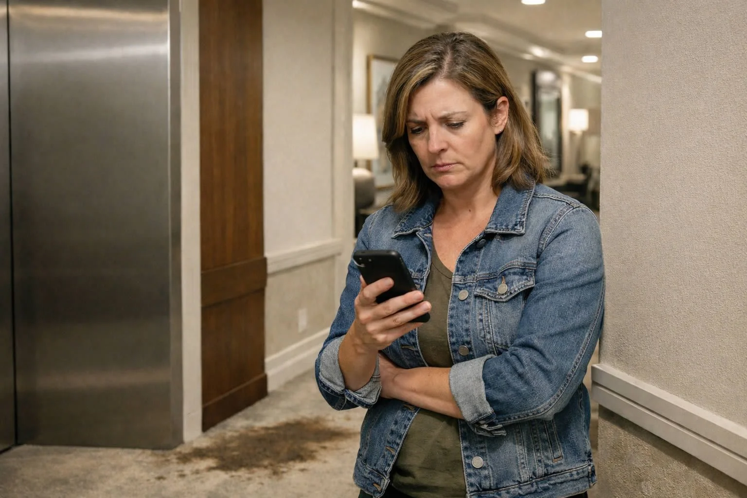 Condo resident on her phone checking if the carpet stain she previously reported is being addressed.