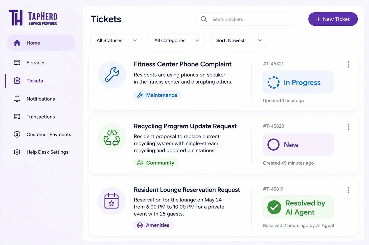 Screenshot of TapHero support ticket dashboard